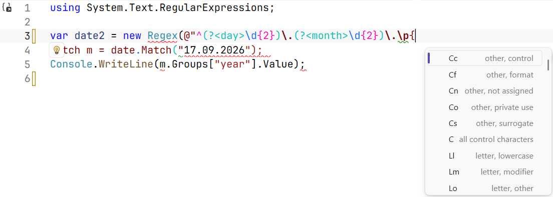 Regular expression highlighting and completion in the Visual Studio editor