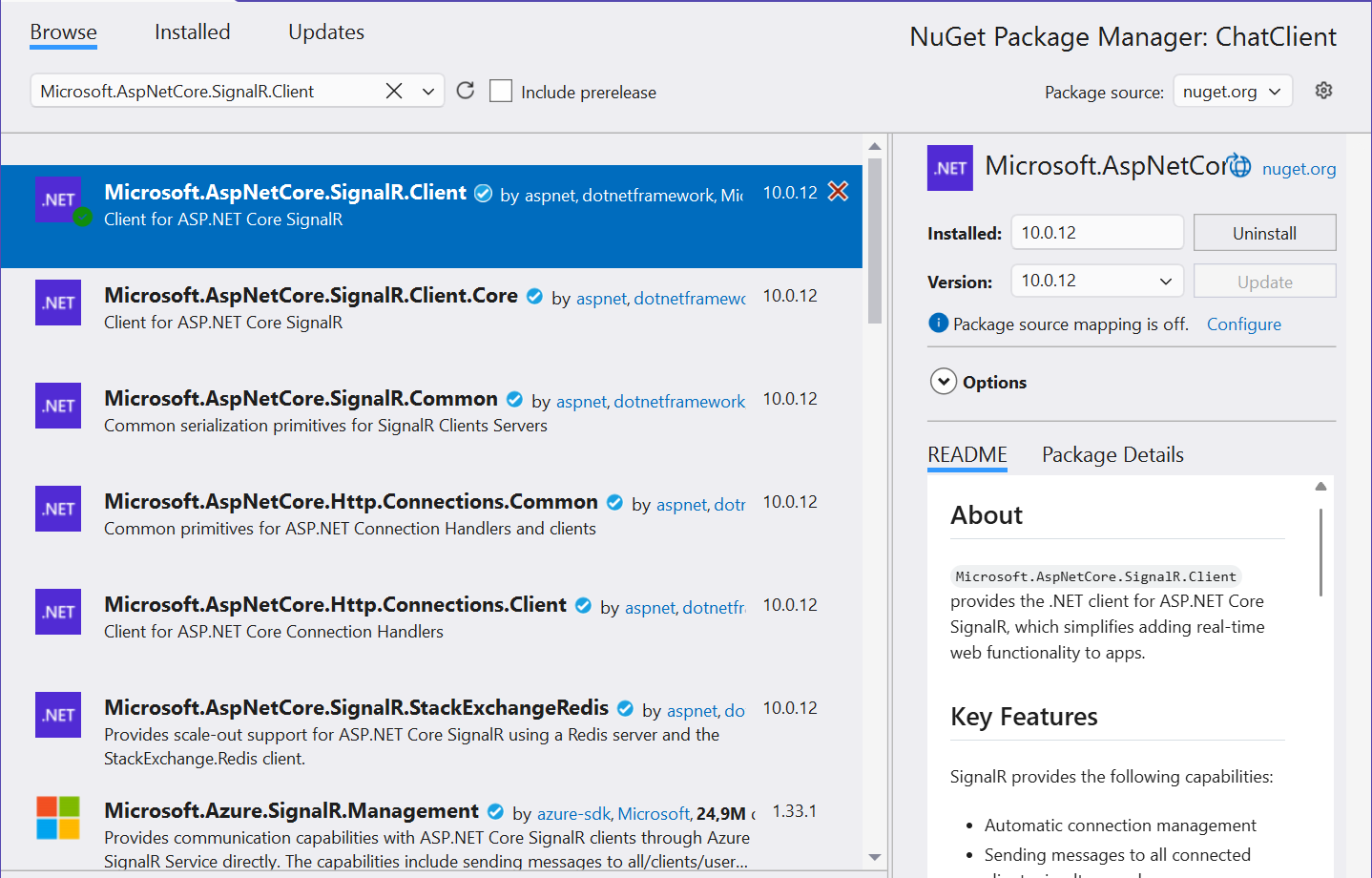 Installing the Microsoft.AspNetCore.SignalR.Client package
