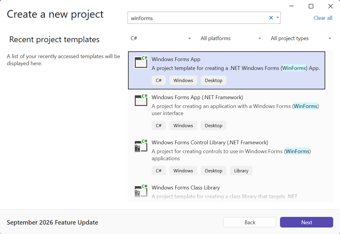 Selecting the Windows Forms App template