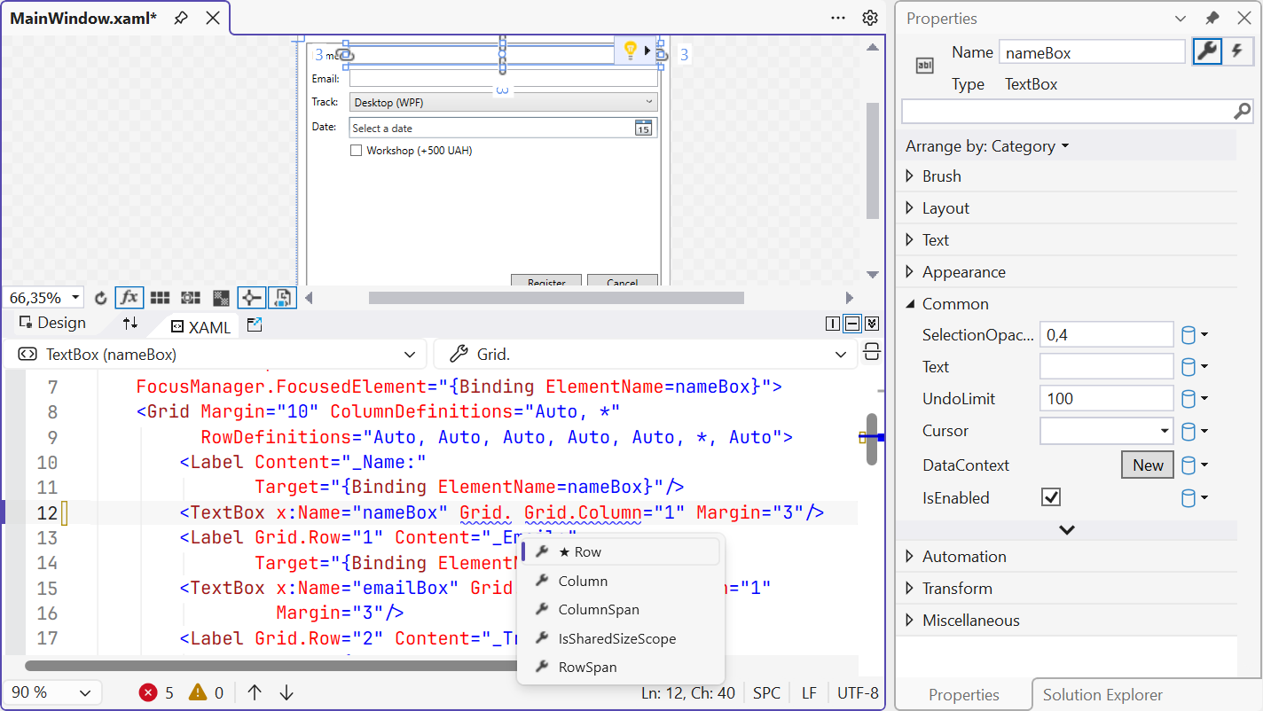 The XAML designer and editor in Visual Studio 2026