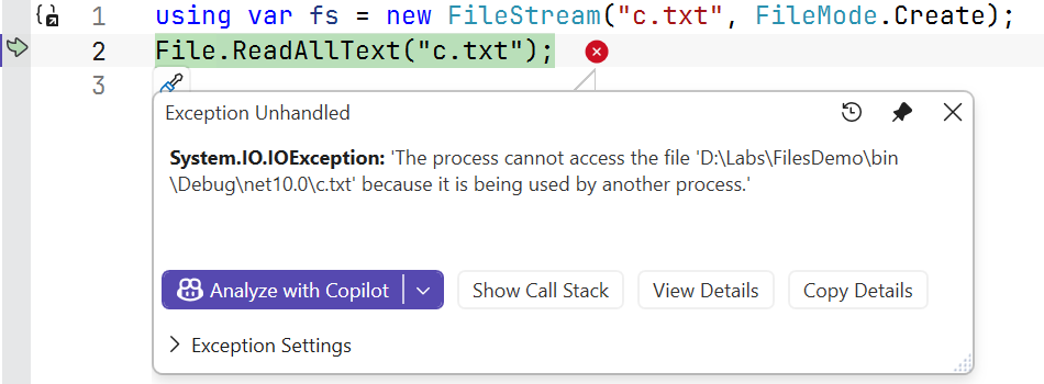 An exception when accessing a locked file