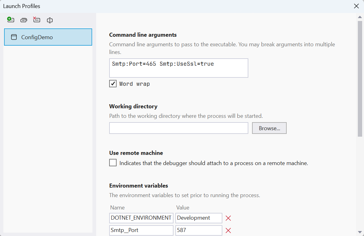 Environment variables and arguments in a launch profile