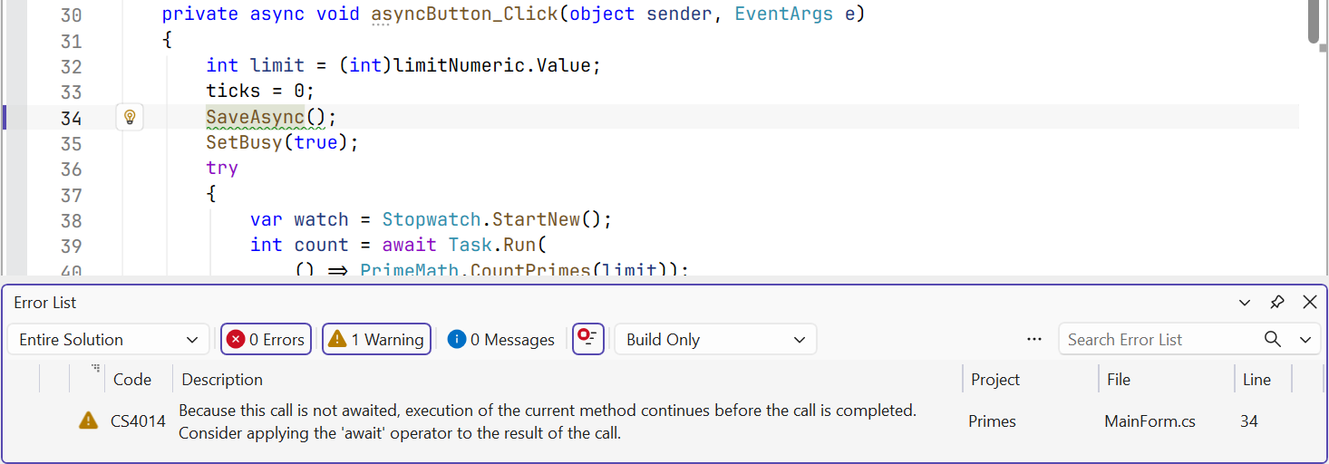 Warning CS4014 about a missing await