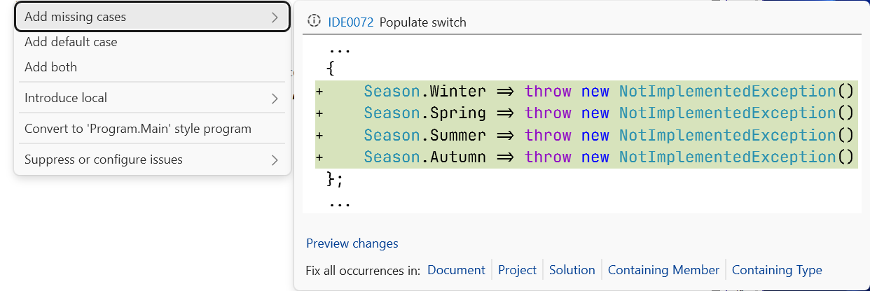 Generating switch arms for an enumeration