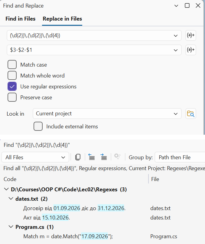 Find and replace with regular expressions in Visual Studio