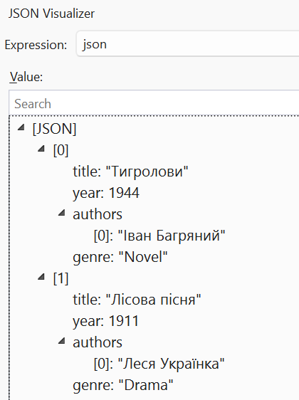 Viewing JSON in the visualizer