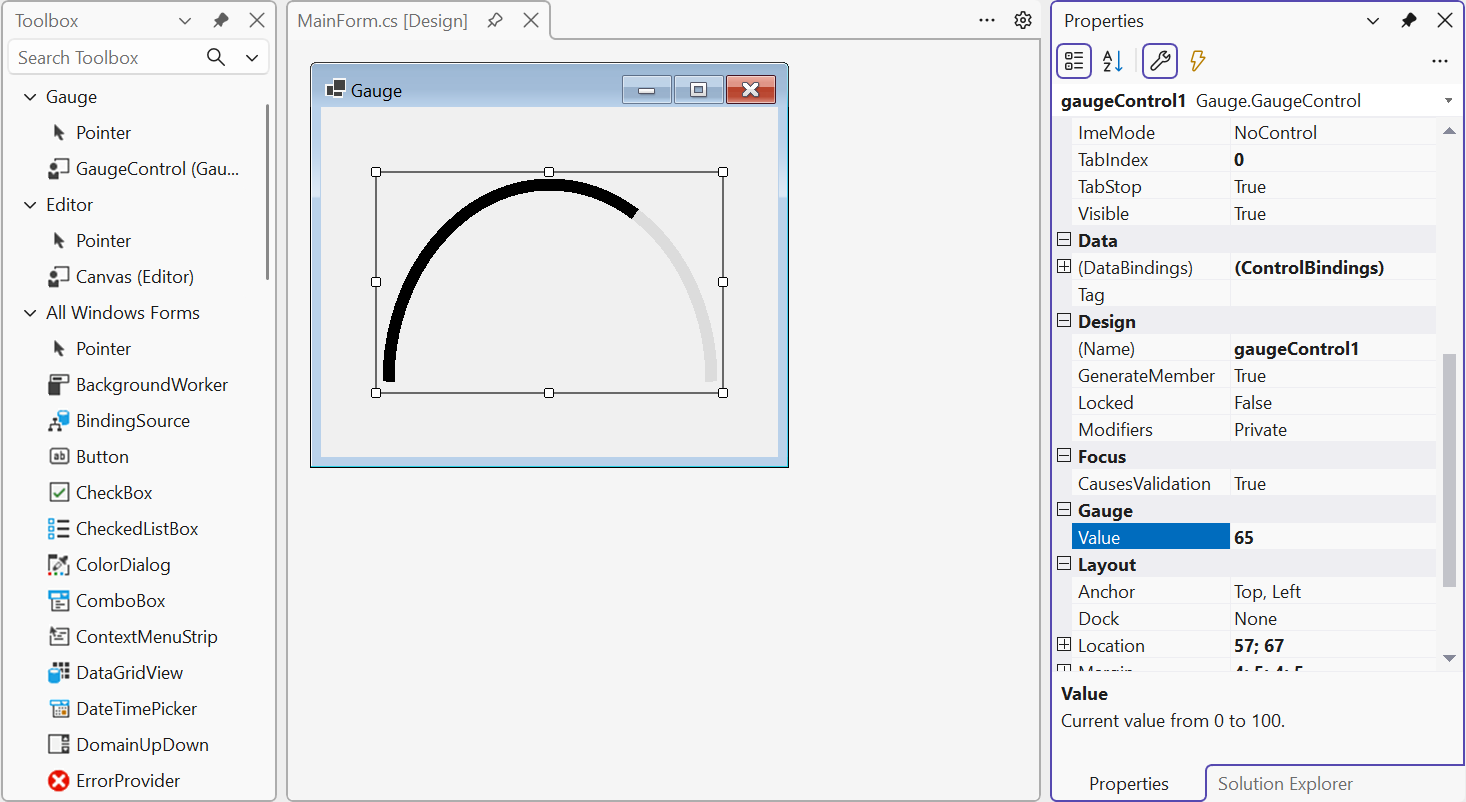 A custom control in the Toolbox and the Properties window