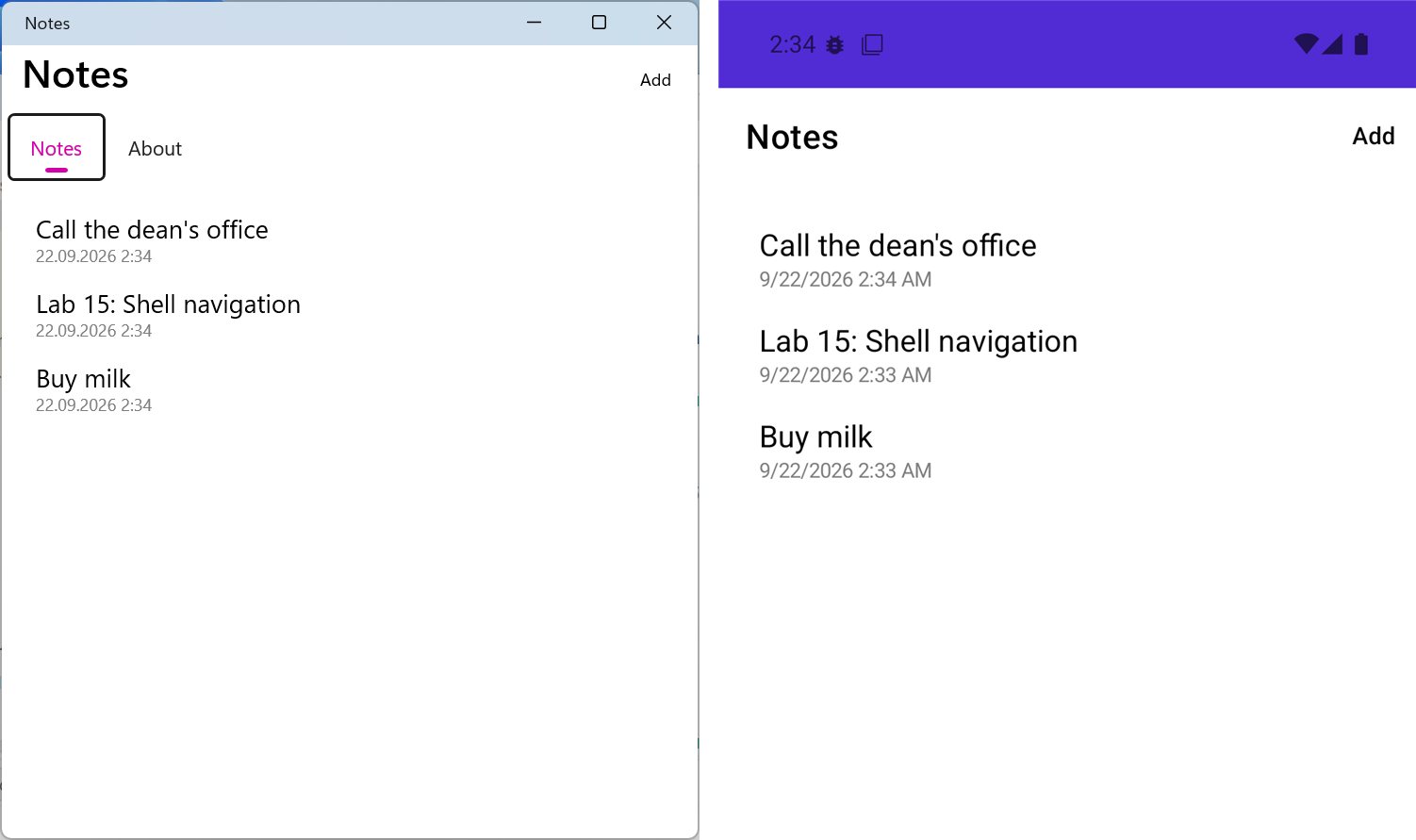 The "Notes" application on Windows and in the Android emulator