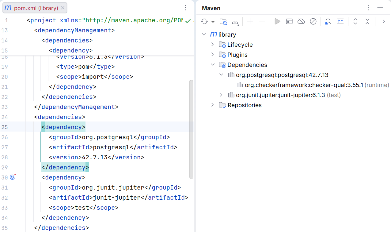 pgJDBC among the application's Maven dependencies